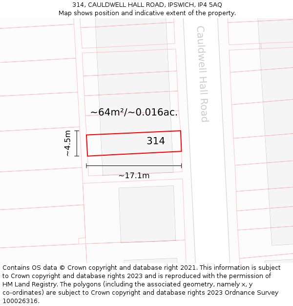314, CAULDWELL HALL ROAD, IPSWICH, IP4 5AQ: Plot and title map