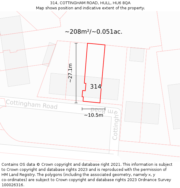 314, COTTINGHAM ROAD, HULL, HU6 8QA: Plot and title map