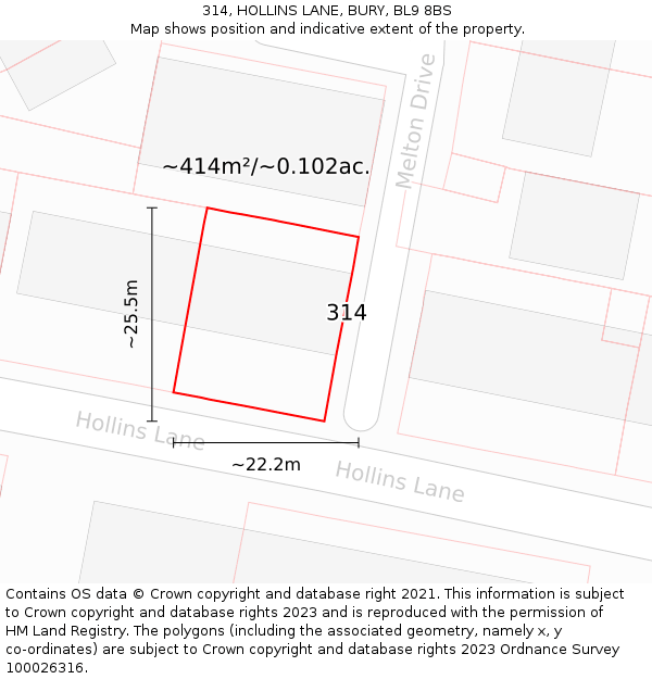 314, HOLLINS LANE, BURY, BL9 8BS: Plot and title map