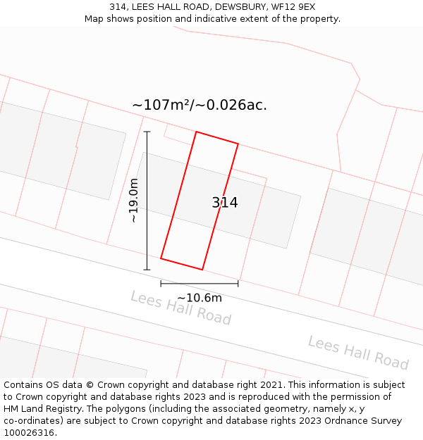 314, LEES HALL ROAD, DEWSBURY, WF12 9EX: Plot and title map