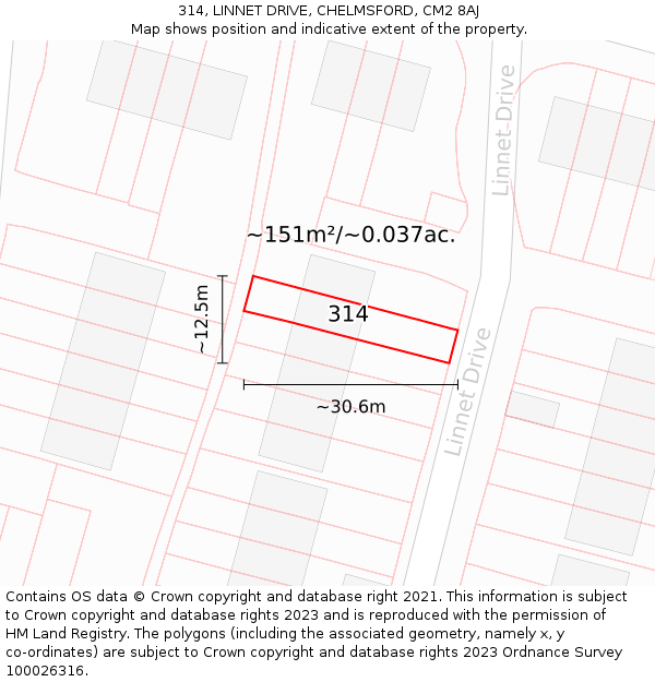 314, LINNET DRIVE, CHELMSFORD, CM2 8AJ: Plot and title map