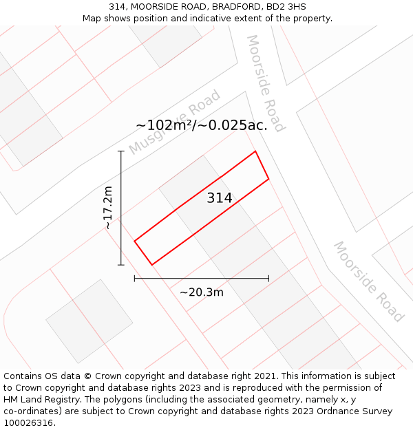 314, MOORSIDE ROAD, BRADFORD, BD2 3HS: Plot and title map