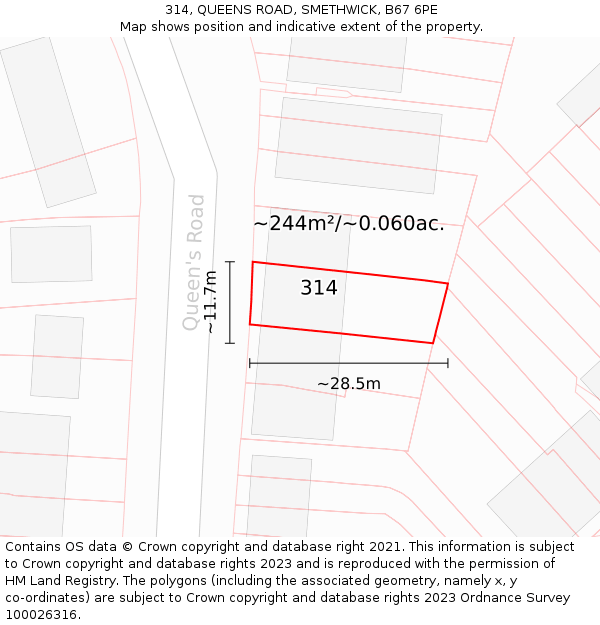 314, QUEENS ROAD, SMETHWICK, B67 6PE: Plot and title map
