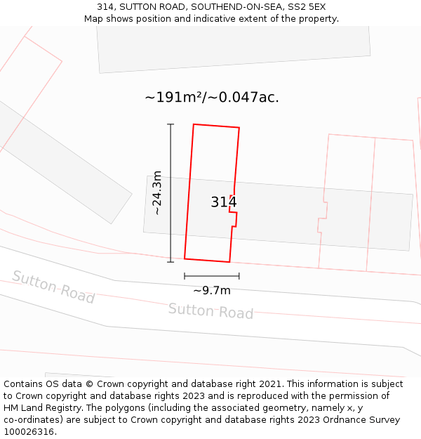 314, SUTTON ROAD, SOUTHEND-ON-SEA, SS2 5EX: Plot and title map