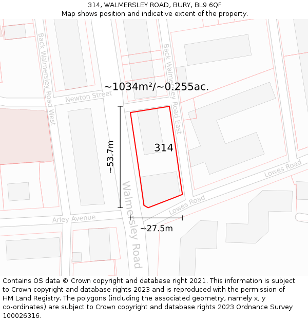 314, WALMERSLEY ROAD, BURY, BL9 6QF: Plot and title map