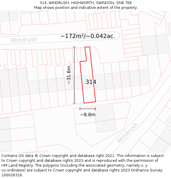 314, WINDRUSH, HIGHWORTH, SWINDON, SN6 7EE: Plot and title map
