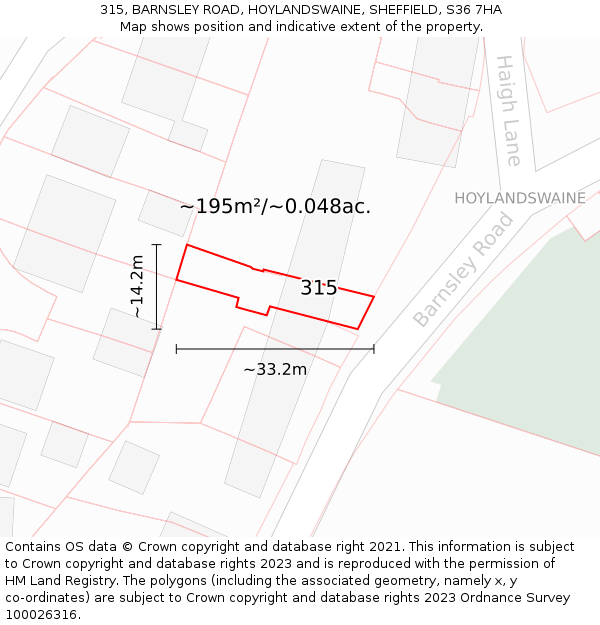315, BARNSLEY ROAD, HOYLANDSWAINE, SHEFFIELD, S36 7HA: Plot and title map