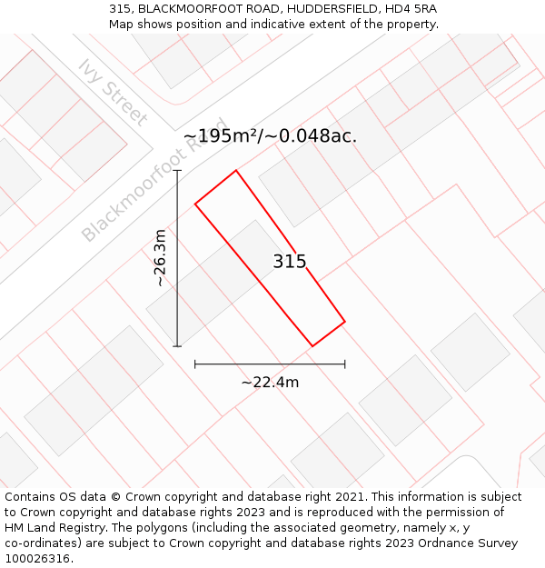 315, BLACKMOORFOOT ROAD, HUDDERSFIELD, HD4 5RA: Plot and title map