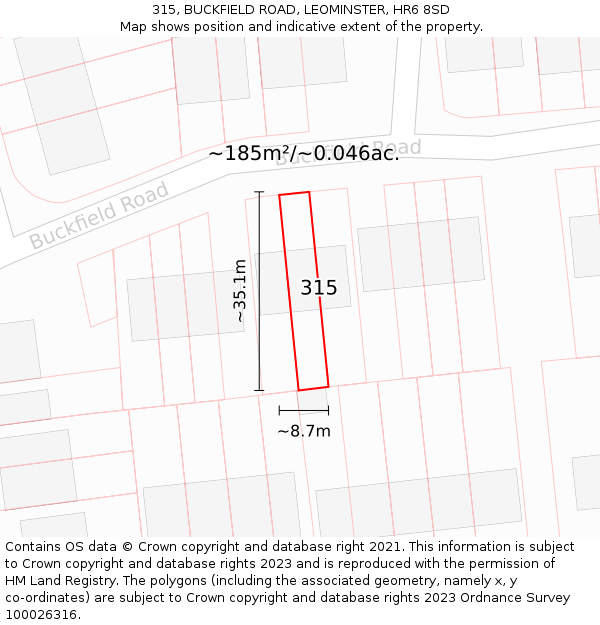 315, BUCKFIELD ROAD, LEOMINSTER, HR6 8SD: Plot and title map