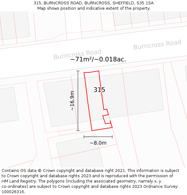 315, BURNCROSS ROAD, BURNCROSS, SHEFFIELD, S35 1SA: Plot and title map