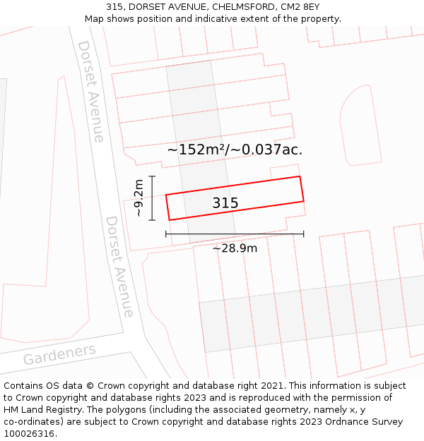315, DORSET AVENUE, CHELMSFORD, CM2 8EY: Plot and title map