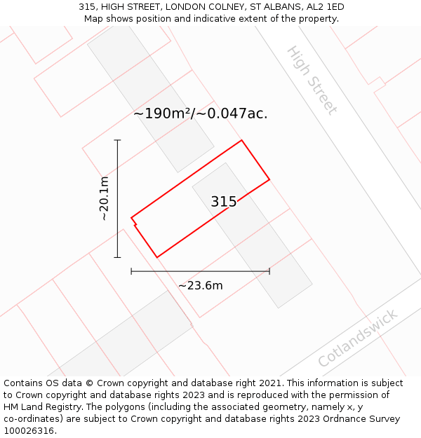 315, HIGH STREET, LONDON COLNEY, ST ALBANS, AL2 1ED: Plot and title map