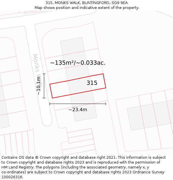 315, MONKS WALK, BUNTINGFORD, SG9 9EA: Plot and title map
