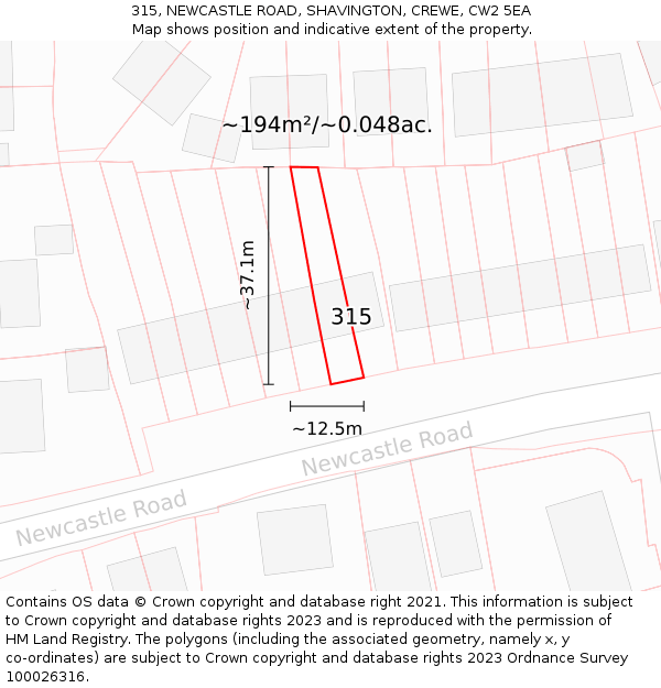 315, NEWCASTLE ROAD, SHAVINGTON, CREWE, CW2 5EA: Plot and title map
