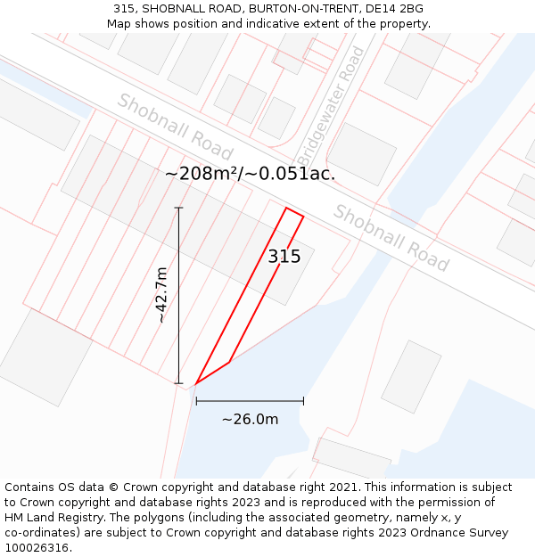 315, SHOBNALL ROAD, BURTON-ON-TRENT, DE14 2BG: Plot and title map