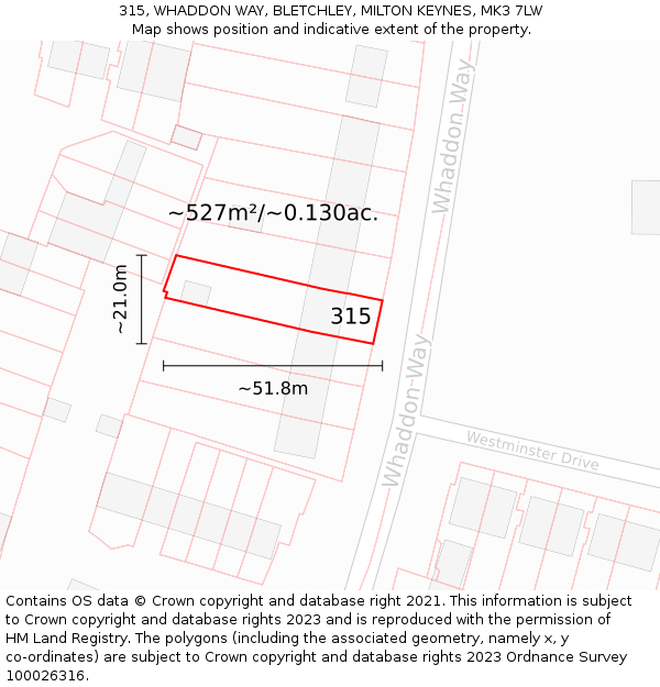 315, WHADDON WAY, BLETCHLEY, MILTON KEYNES, MK3 7LW: Plot and title map