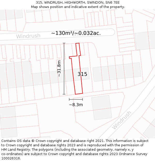 315, WINDRUSH, HIGHWORTH, SWINDON, SN6 7EE: Plot and title map