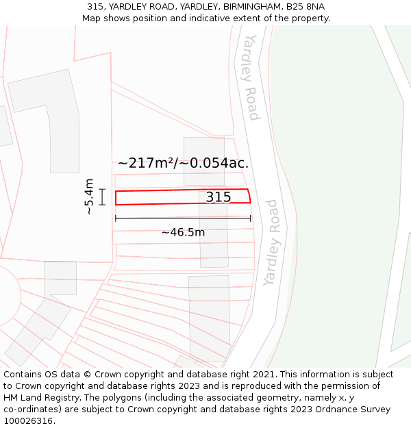 315, YARDLEY ROAD, YARDLEY, BIRMINGHAM, B25 8NA: Plot and title map