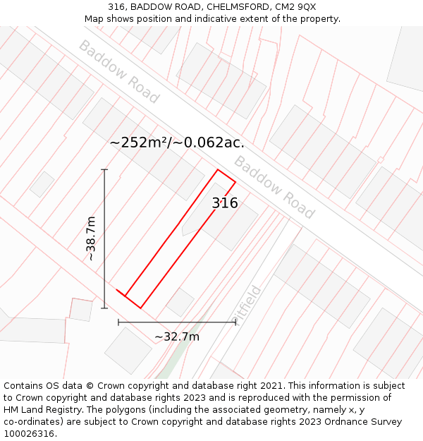 316, BADDOW ROAD, CHELMSFORD, CM2 9QX: Plot and title map