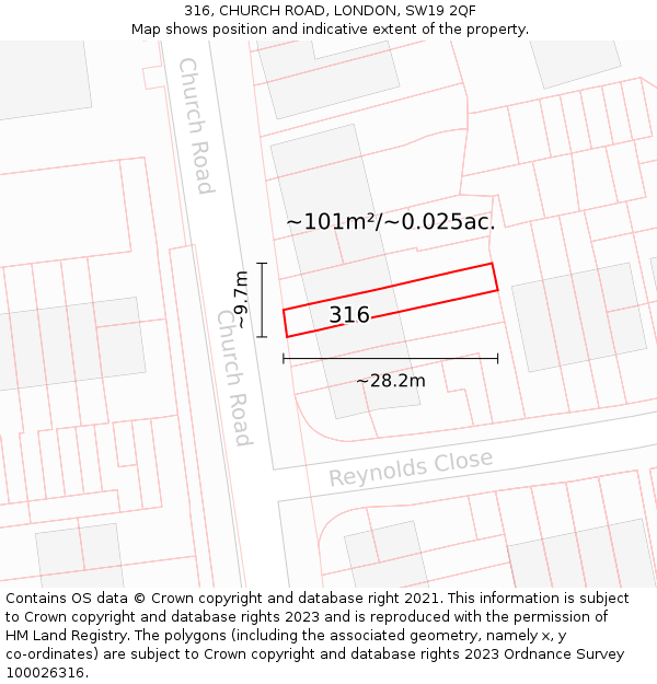 316, CHURCH ROAD, LONDON, SW19 2QF: Plot and title map