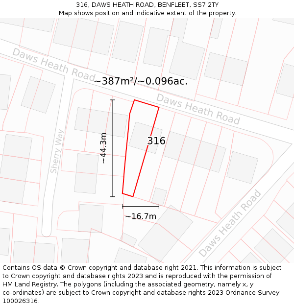 316, DAWS HEATH ROAD, BENFLEET, SS7 2TY: Plot and title map