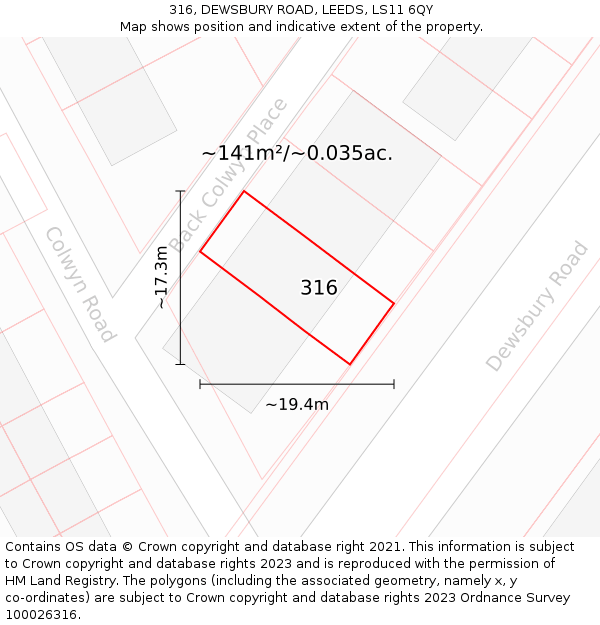 316, DEWSBURY ROAD, LEEDS, LS11 6QY: Plot and title map