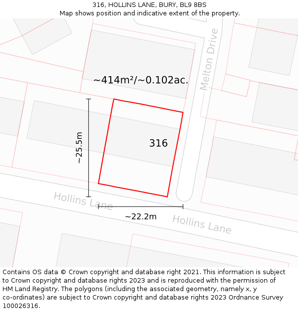 316, HOLLINS LANE, BURY, BL9 8BS: Plot and title map