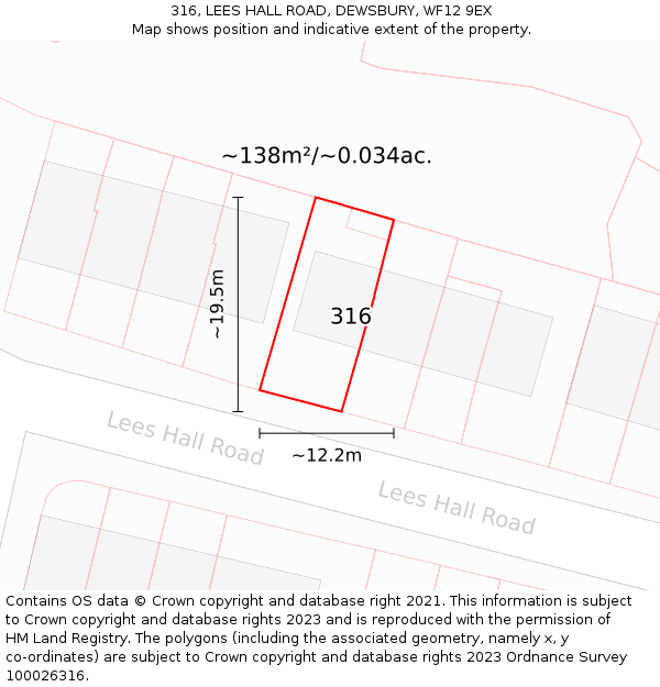 316, LEES HALL ROAD, DEWSBURY, WF12 9EX: Plot and title map