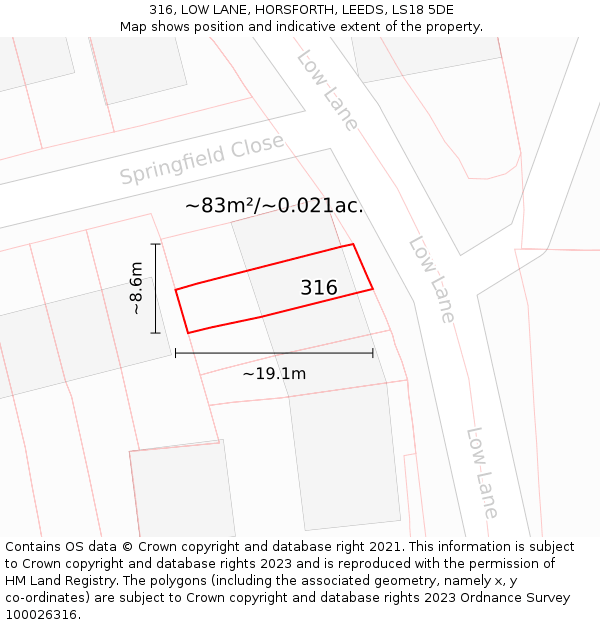 316, LOW LANE, HORSFORTH, LEEDS, LS18 5DE: Plot and title map