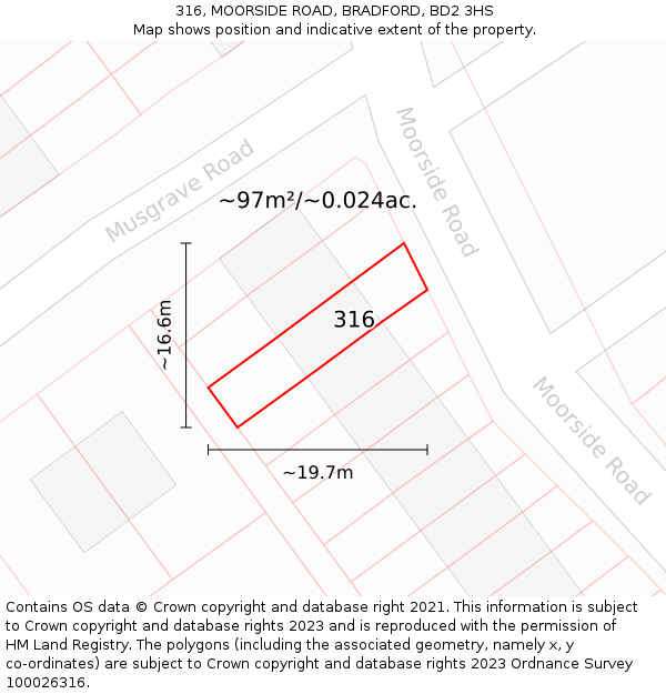 316, MOORSIDE ROAD, BRADFORD, BD2 3HS: Plot and title map