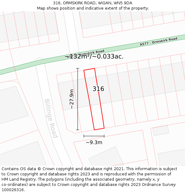 316, ORMSKIRK ROAD, WIGAN, WN5 9DA: Plot and title map