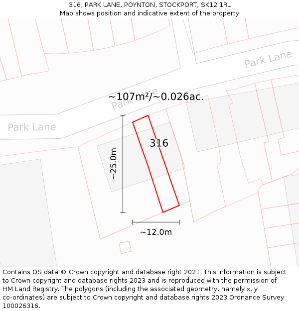 316, PARK LANE, POYNTON, STOCKPORT, SK12 1RL: Plot and title map