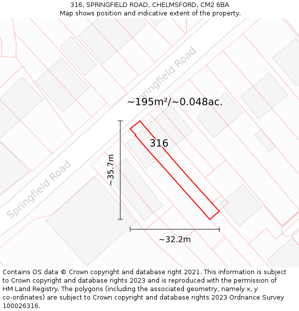 316, SPRINGFIELD ROAD, CHELMSFORD, CM2 6BA: Plot and title map