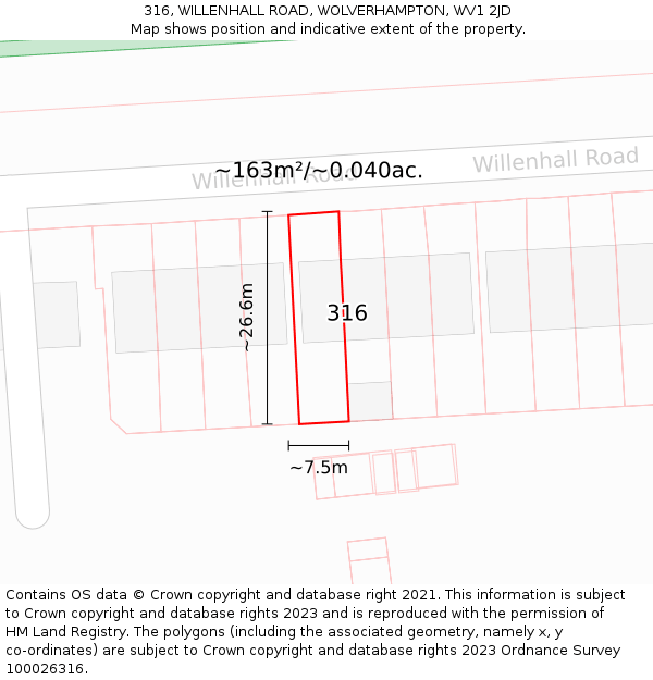 316, WILLENHALL ROAD, WOLVERHAMPTON, WV1 2JD: Plot and title map