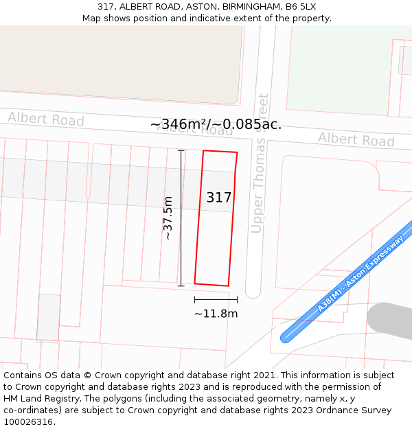 317, ALBERT ROAD, ASTON, BIRMINGHAM, B6 5LX: Plot and title map