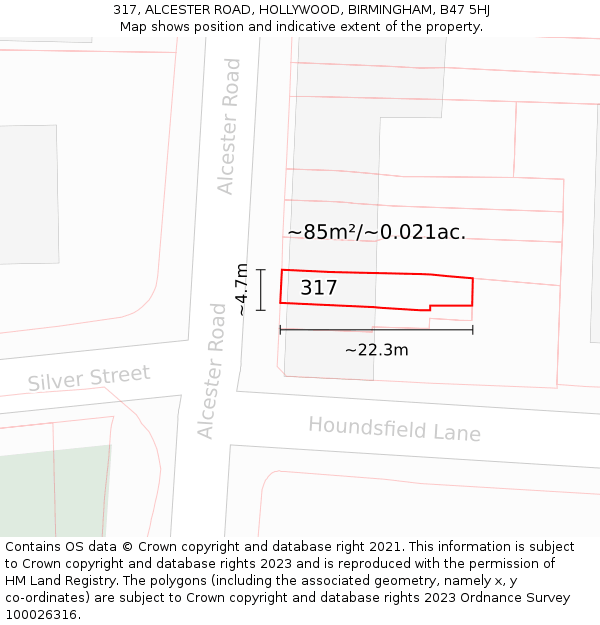 317, ALCESTER ROAD, HOLLYWOOD, BIRMINGHAM, B47 5HJ: Plot and title map