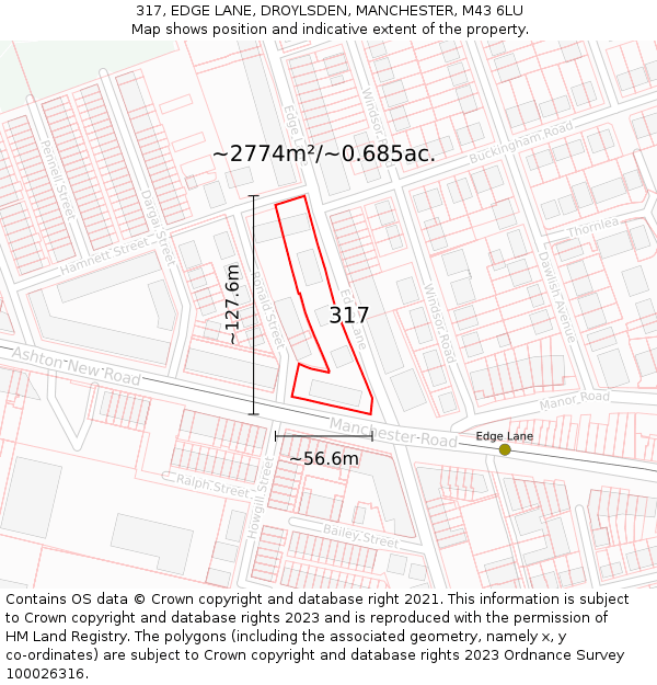 317, EDGE LANE, DROYLSDEN, MANCHESTER, M43 6LU: Plot and title map