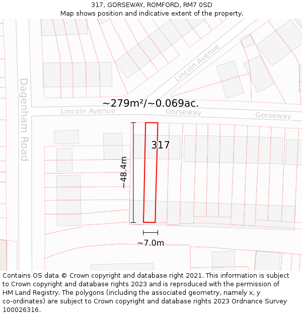317, GORSEWAY, ROMFORD, RM7 0SD: Plot and title map