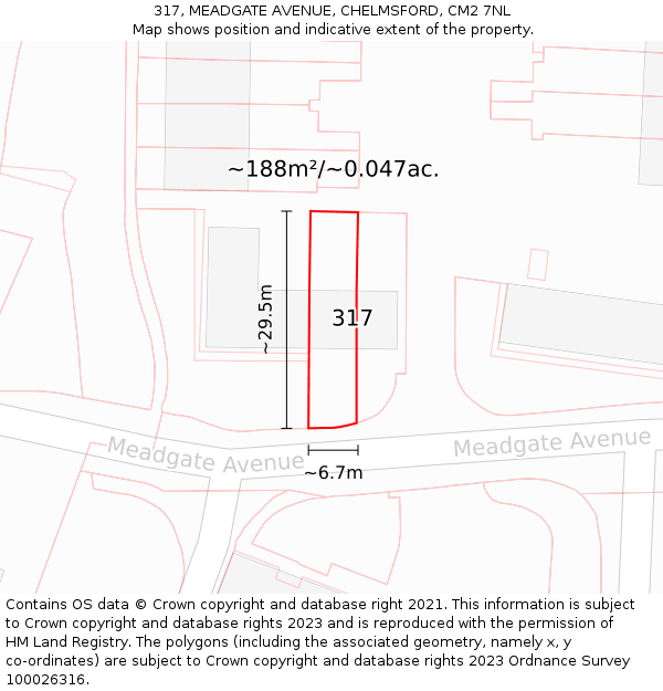 317, MEADGATE AVENUE, CHELMSFORD, CM2 7NL: Plot and title map