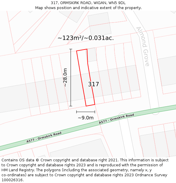 317, ORMSKIRK ROAD, WIGAN, WN5 9DL: Plot and title map