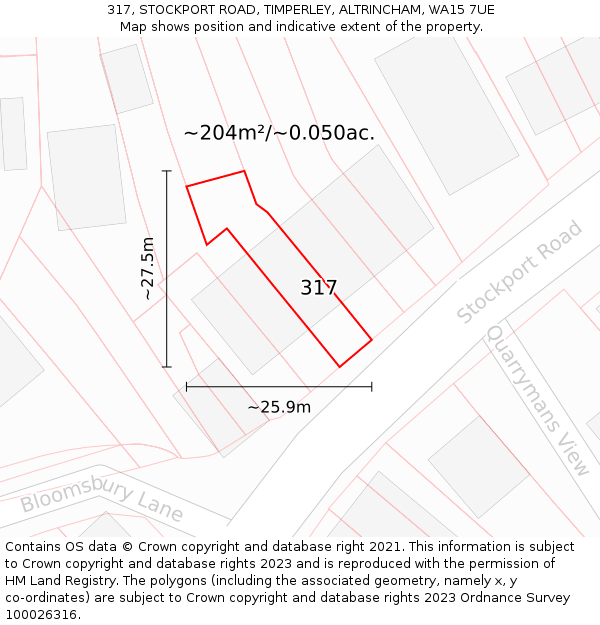 317, STOCKPORT ROAD, TIMPERLEY, ALTRINCHAM, WA15 7UE: Plot and title map