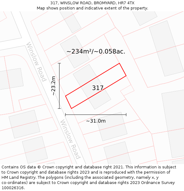 317, WINSLOW ROAD, BROMYARD, HR7 4TX: Plot and title map