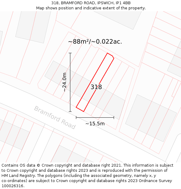 318, BRAMFORD ROAD, IPSWICH, IP1 4BB: Plot and title map
