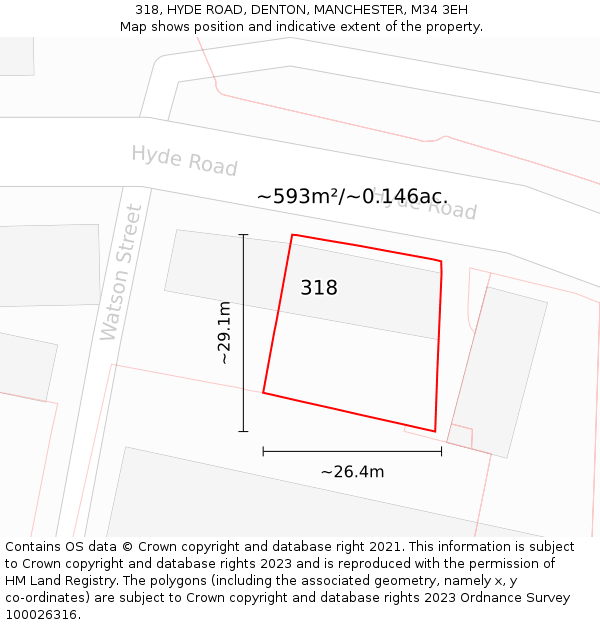 318, HYDE ROAD, DENTON, MANCHESTER, M34 3EH: Plot and title map