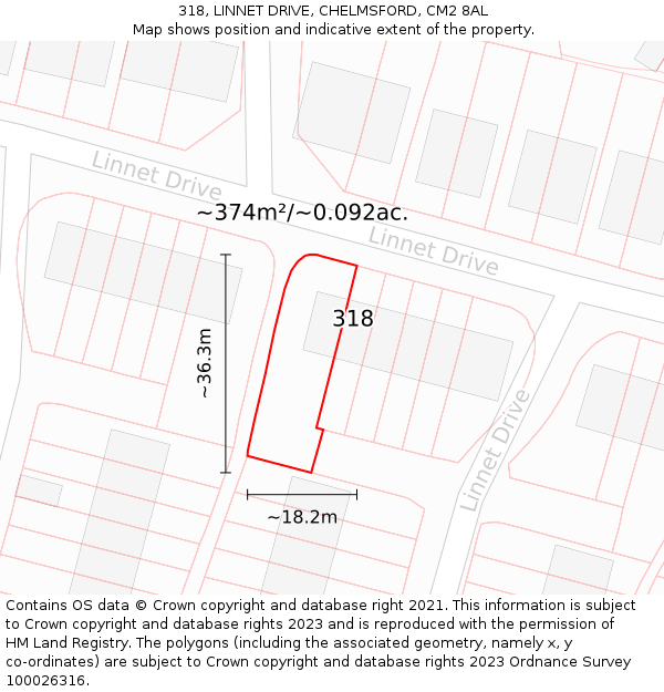 318, LINNET DRIVE, CHELMSFORD, CM2 8AL: Plot and title map