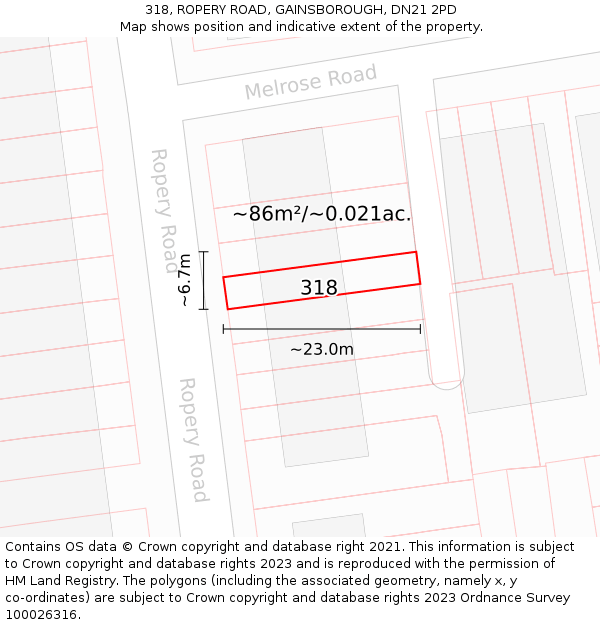 318, ROPERY ROAD, GAINSBOROUGH, DN21 2PD: Plot and title map