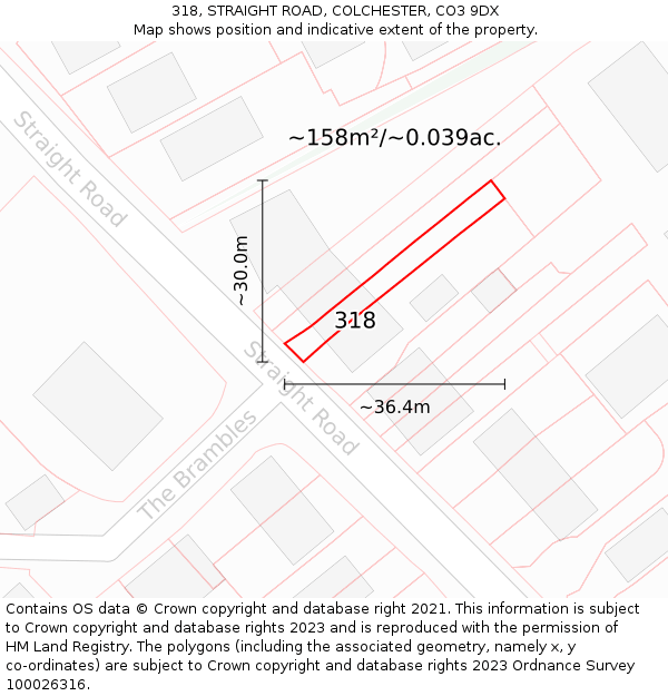 318, STRAIGHT ROAD, COLCHESTER, CO3 9DX: Plot and title map