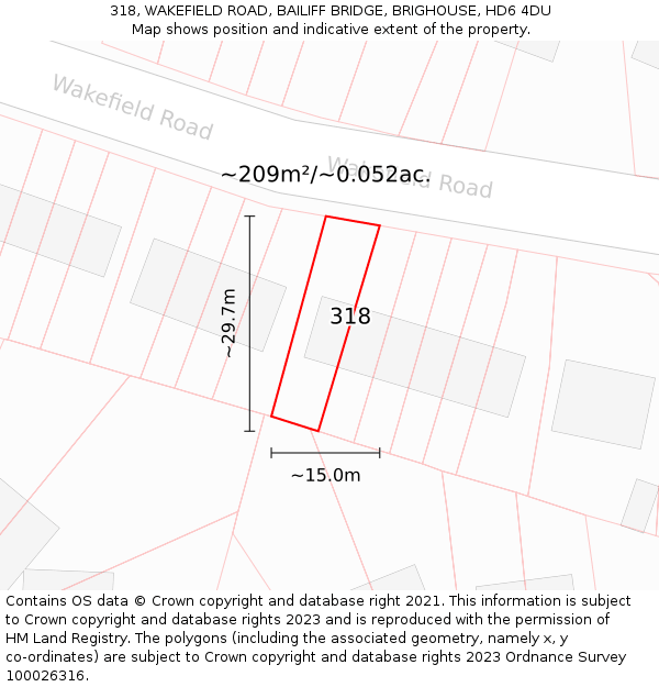 318, WAKEFIELD ROAD, BAILIFF BRIDGE, BRIGHOUSE, HD6 4DU: Plot and title map