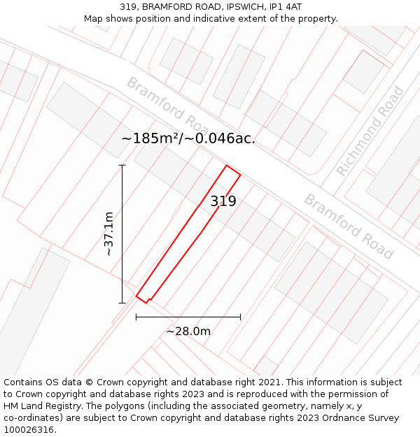 319, BRAMFORD ROAD, IPSWICH, IP1 4AT: Plot and title map