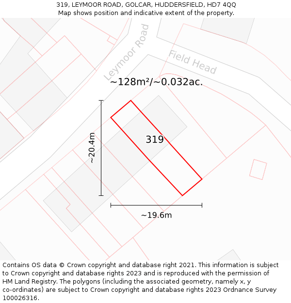 319, LEYMOOR ROAD, GOLCAR, HUDDERSFIELD, HD7 4QQ: Plot and title map
